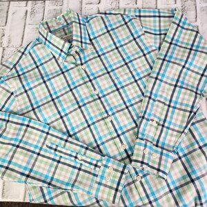 Peter Millar Crown Ease Men's Medium Blue Green Plaid Button Long Sleeve Shirt